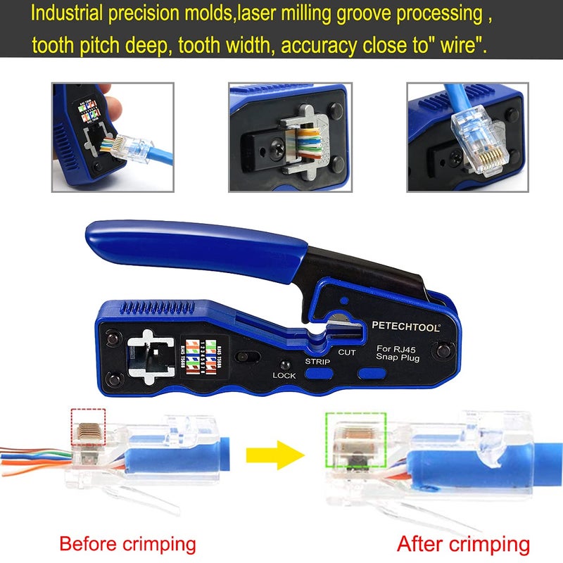 PETECHTOOL RJ45 Crimp Tool Kit Ethernet Crimping Tool Wire Crimper Stripper Cutter for Cat5e Cat6 Cat6a Pass Thrugh Connectors with 10 pieces Cat6 Connectors and 1 piece mini wire stripper - Image 3